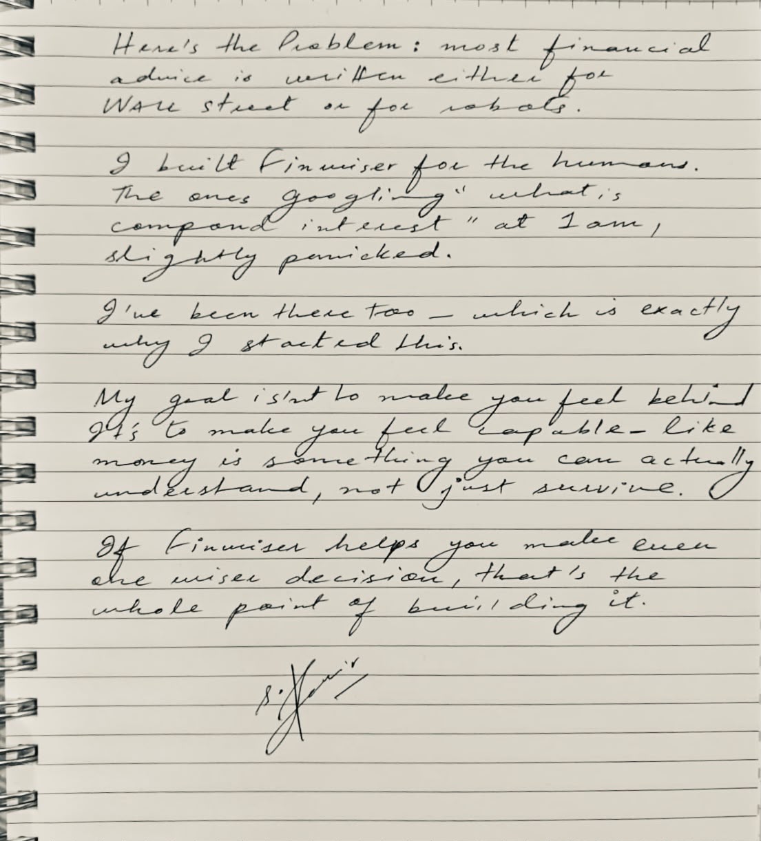Handwritten note from Sundas, founder of FinWiser, explaining why the company was started.