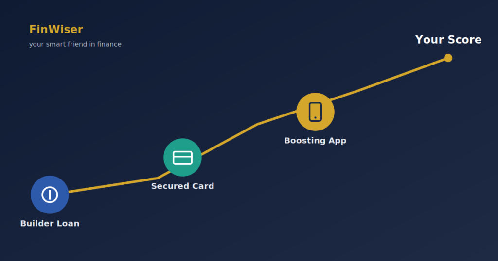 Diagram comparing credit builder loans vs secured credit cards and credit-boosting apps feeding into a rising credit score