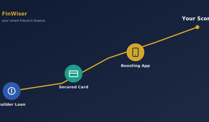 Diagram comparing credit builder loans vs secured credit cards and credit-boosting apps feeding into a rising credit score