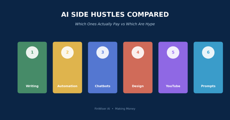 Six colored cards labeled Writing, Automation, Chatbots, Design, YouTube, and Prompts under the heading AI Side Hustles Compared, representing the six options this article evaluates