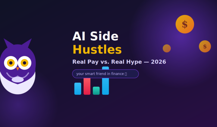 Illustration comparing the best AI side hustles of 2026, owl mascot with coins and growth bars