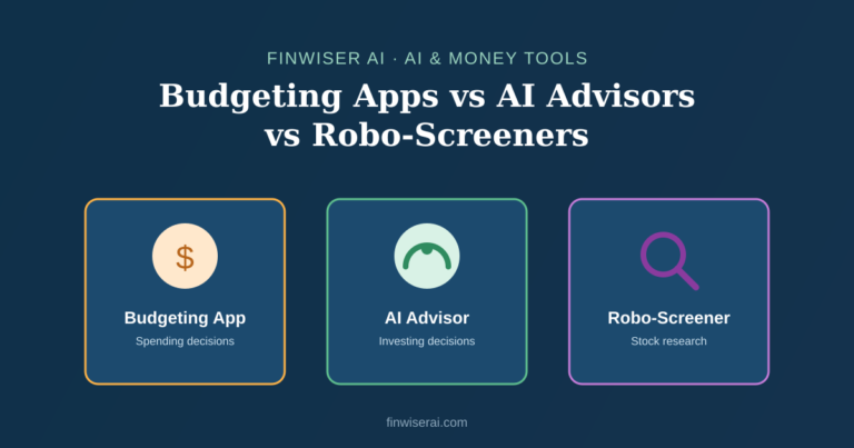 Side-by-side illustration comparing a budgeting app, an AI robo-advisor, and an AI stock screener, the three AI finance tools compared in this article.