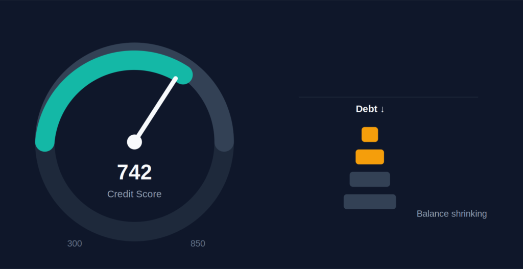 Illustration of a credit score gauge rising toward 742 next to a shrinking stack of coins, showing how building credit and paying off debt happen together