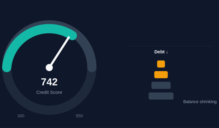 Illustration of a credit score gauge rising toward 742 next to a shrinking stack of coins, showing how building credit and paying off debt happen together