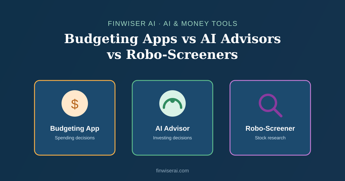 Side-by-side illustration comparing a budgeting app, an AI robo-advisor, and an AI stock screener, the three AI finance tools compared in this article.