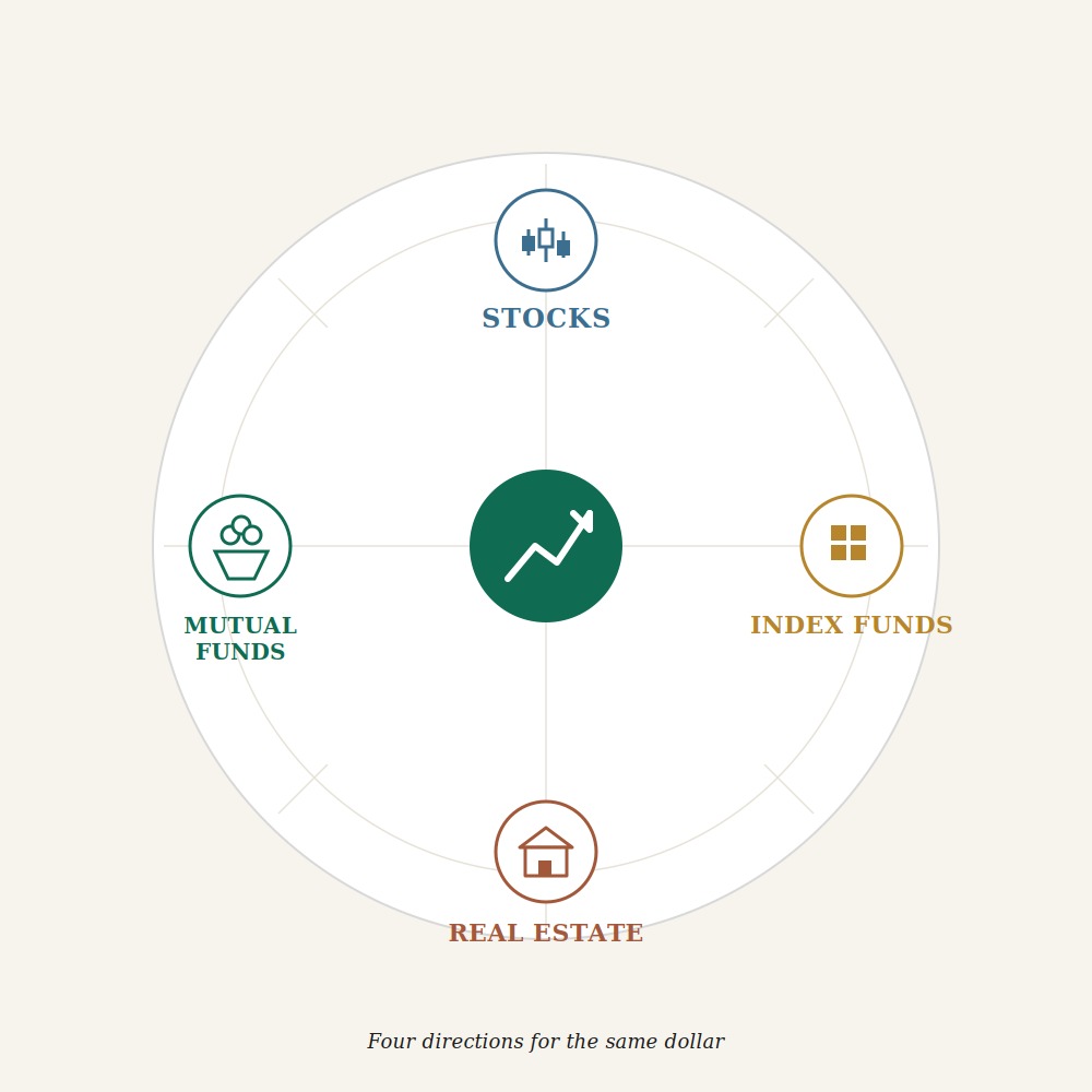 Compass illustration showing stocks, mutual funds, index funds, and real estate as four different directions for an investor's money