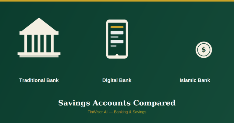Icons comparing digital vs traditional banks and Islamic bank savings accounts