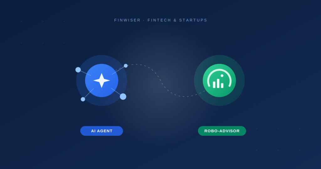 Abstract illustration representing AI agents vs robo-advisors in banking, showing a connected AI agent node and a robo-advisor portfolio dial
