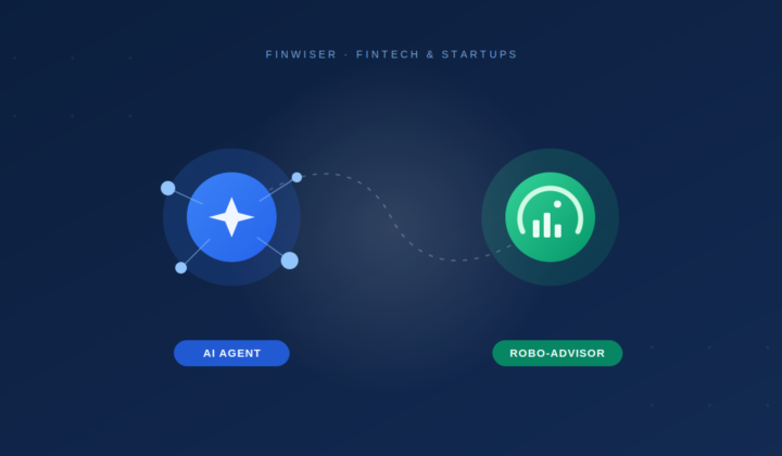Abstract illustration representing AI agents vs robo-advisors in banking, showing a connected AI agent node and a robo-advisor portfolio dial