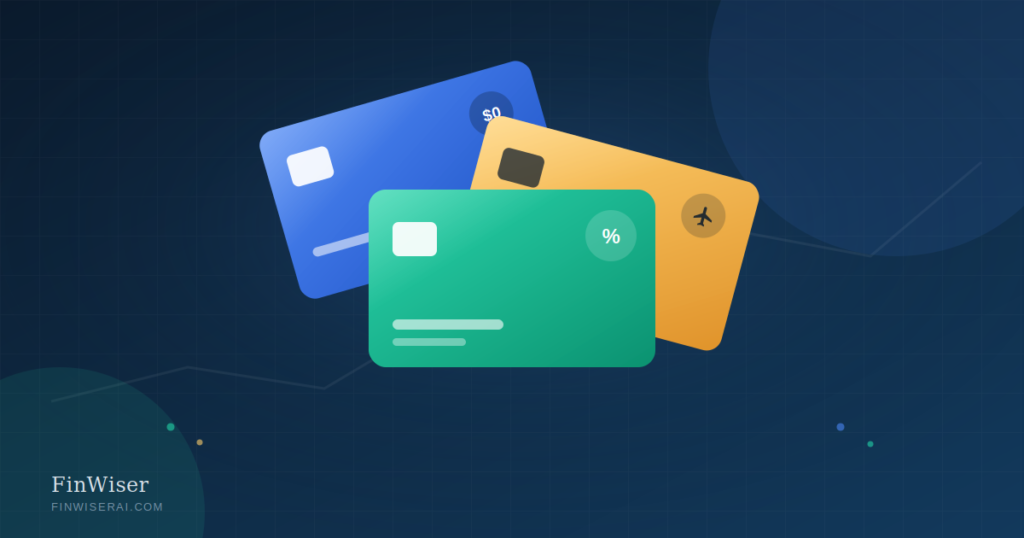 Illustration of three credit cards representing the best credit cards 2026 comparison — no-annual-fee, cash-back, and premium travel