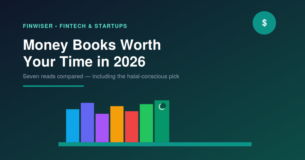 Illustration of a colorful bookshelf representing the best personal finance books 2026, including a halal-conscious pick