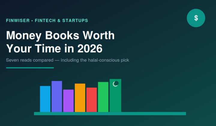 Illustration of a colorful bookshelf representing the best personal finance books 2026, including a halal-conscious pick