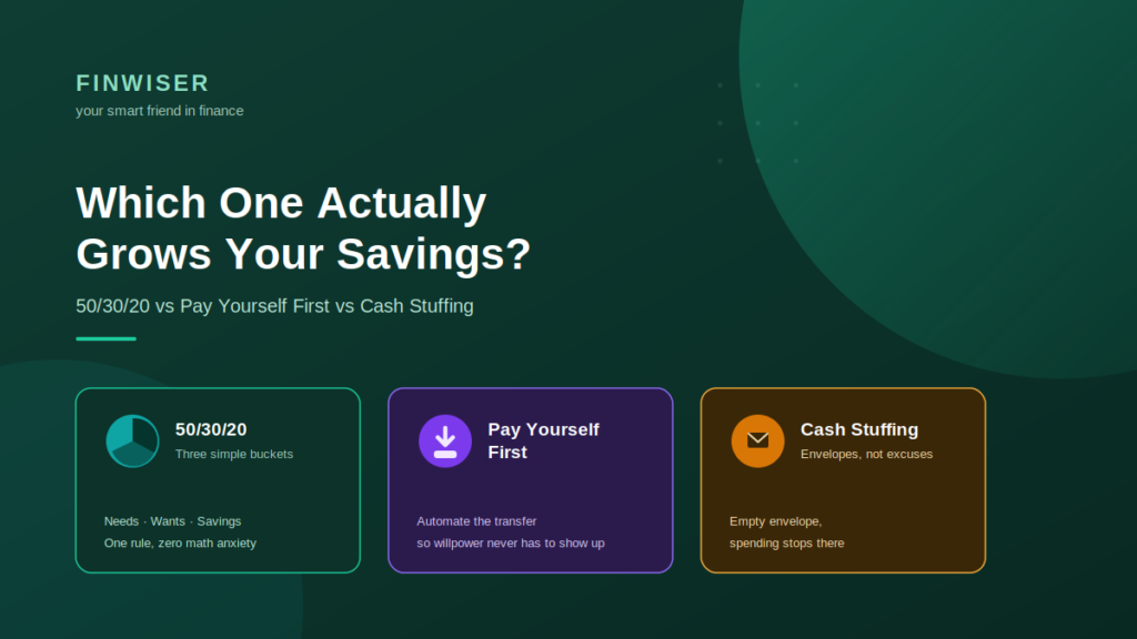 Text: 50/30/20 vs pay yourself first vs cash stuffing — comparison graphic for finding the best saving strategy in 2026