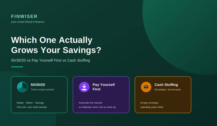 Text: 50/30/20 vs pay yourself first vs cash stuffing — comparison graphic for finding the best saving strategy in 2026