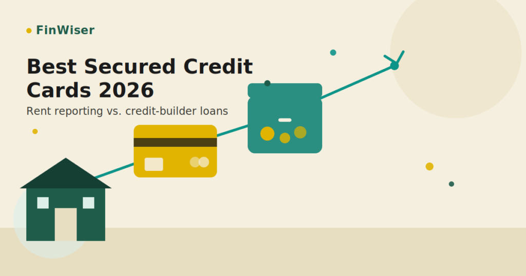 Illustration comparing three paths to build credit in 2026 — rent reporting, a secured credit card, and a credit-builder loan — showing the best secured credit cards 2026 path leading to a rising credit score