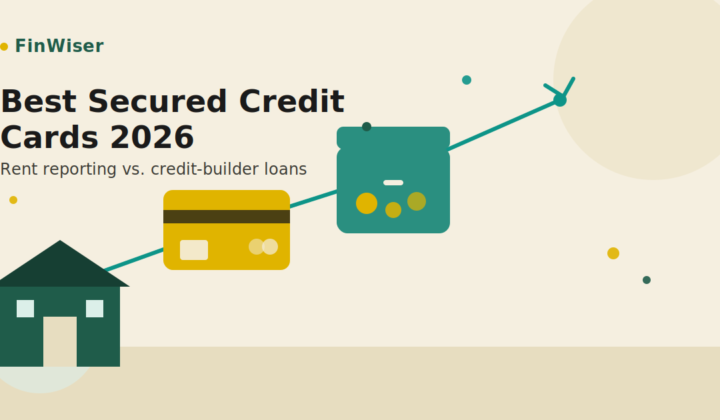 Illustration comparing three paths to build credit in 2026 — rent reporting, a secured credit card, and a credit-builder loan — showing the best secured credit cards 2026 path leading to a rising credit score