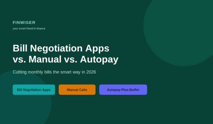 Bill negotiation apps vs. manual negotiation vs. autopay-plus-buffer comparison graphic for cutting monthly bills in 2026