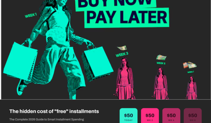 Buy now pay later illustration showing a shopper with bags fading into four ghostly repeat figures across Week 1, 3, 5, and 7, each owing $50, representing stacked installment debt