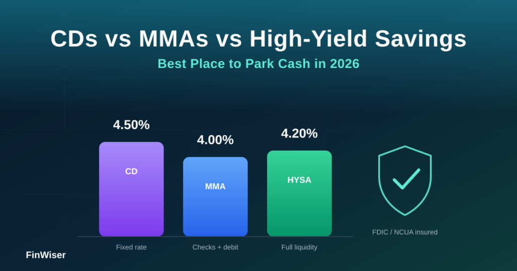 CD vs money market vs high-yield savings — 2026 rate comparison chart with FDIC insured shield icon"