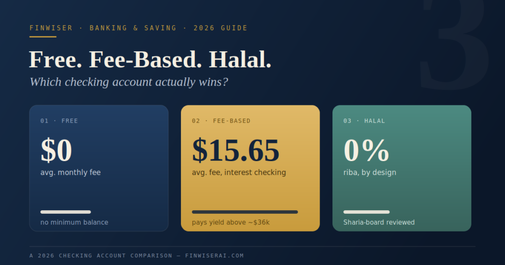 Checking account comparison graphic — Free, Fee-Based, and Halal checking accounts compared with average monthly fees