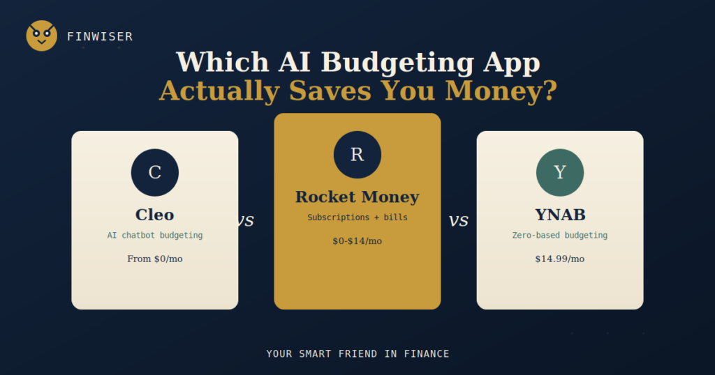 Cleo vs Rocket Money vs YNAB comparison — three budgeting app icons side by side