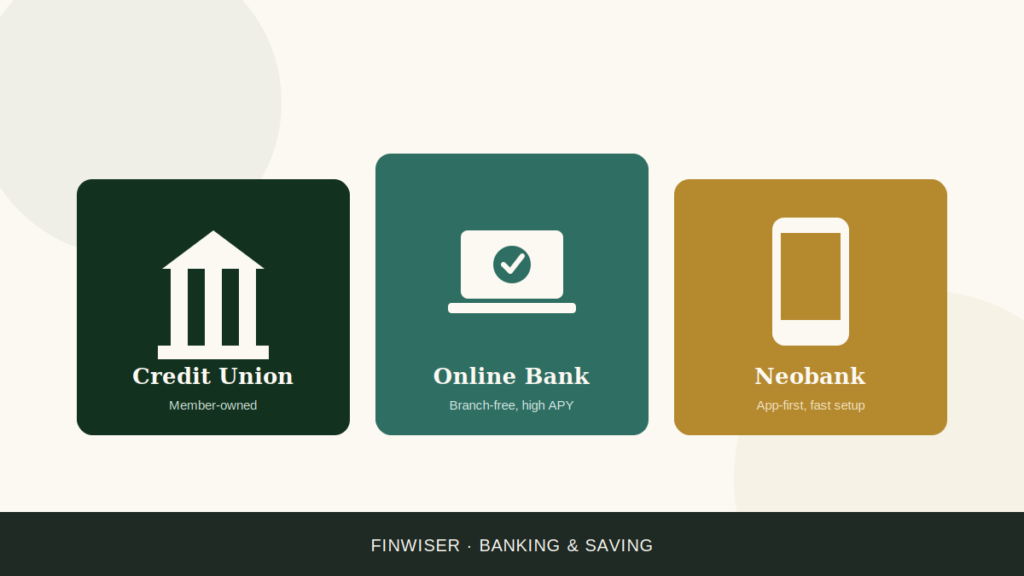 Three-column illustration comparing credit unions vs online banks vs neobanks with icons for a bank building, laptop, and smartphone