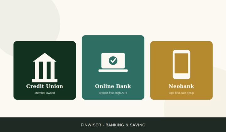 Three-column illustration comparing credit unions vs online banks vs neobanks with icons for a bank building, laptop, and smartphone