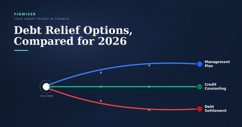 Three diverging paths representing the debt relief options compared in this guide — debt management plan, debt settlement, and nonprofit credit counseling