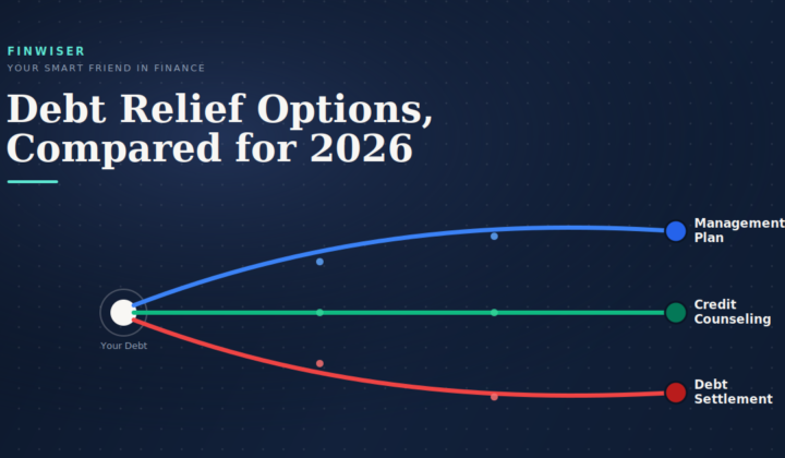Three diverging paths representing the debt relief options compared in this guide — debt management plan, debt settlement, and nonprofit credit counseling
