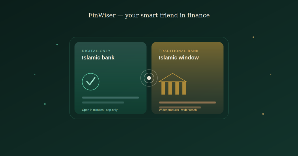 Glowing translucent panel comparing digital Islamic banks vs Islamic windows, teal side for the digital-only bank and gold side for the traditional bank's Islamic window