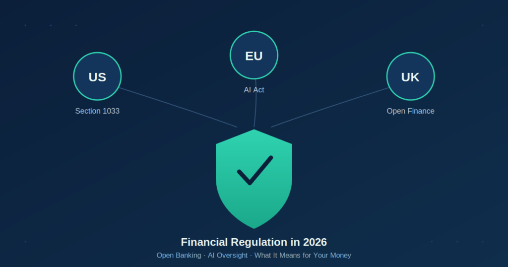 Shield graphic representing financial regulation in 2026, connecting US, EU, and UK regulatory pillars