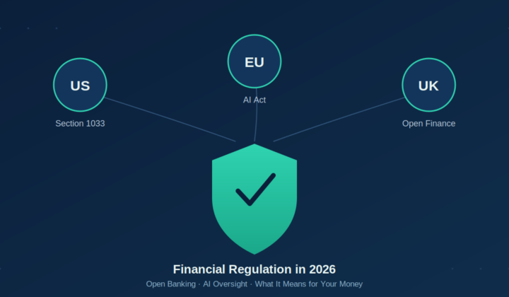 Shield graphic representing financial regulation in 2026, connecting US, EU, and UK regulatory pillars