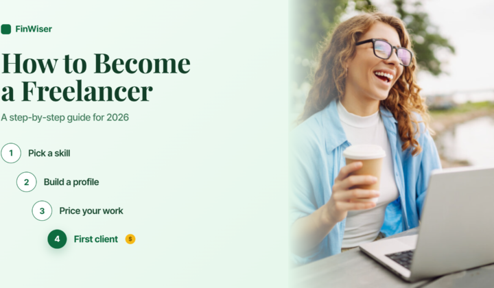 Illustration showing how to become a freelancer in 2026 in four steps — pick a skill, build a profile, price your work, and land your first client — next to a photo of a freelancer working outdoors with a laptop and coffee