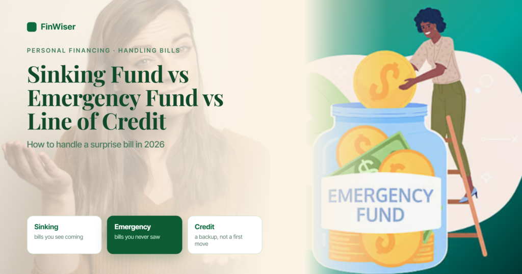 Sinking fund vs emergency fund vs line of credit illustration — a woman adding a coin to a jar labeled "Emergency Fund," with three comparison cards for sinking, emergency, and credit options