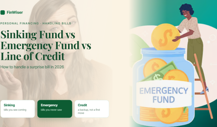Sinking fund vs emergency fund vs line of credit illustration — a woman adding a coin to a jar labeled "Emergency Fund," with three comparison cards for sinking, emergency, and credit options