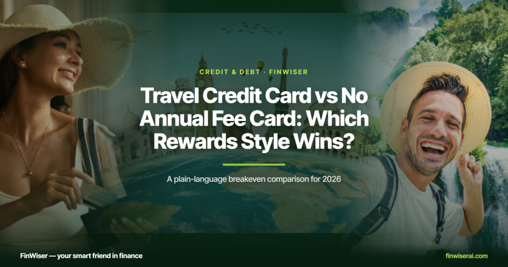 Travel credit card vs no annual fee credit card — two travelers in sun hats, one holding a map of Europe and the other backpacking near a forest, with world landmarks (Eiffel Tower, Big Ben, Taj Mahal, Leaning Tower of Pisa) layered behind the FinWiser headline