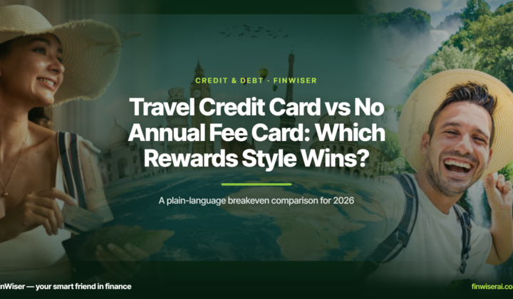 Travel credit card vs no annual fee credit card — two travelers in sun hats, one holding a map of Europe and the other backpacking near a forest, with world landmarks (Eiffel Tower, Big Ben, Taj Mahal, Leaning Tower of Pisa) layered behind the FinWiser headline