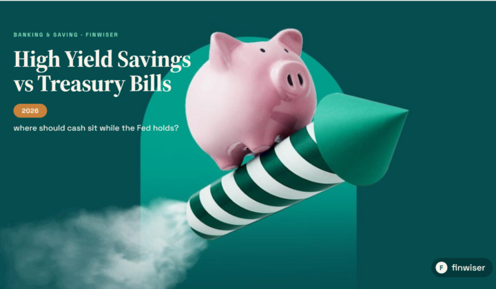 Illustration comparing high yield savings vs treasury bills 2026 and CDs — three cards showing a savings jar, a stacked coin certificate, and a government building icon representing each cash option