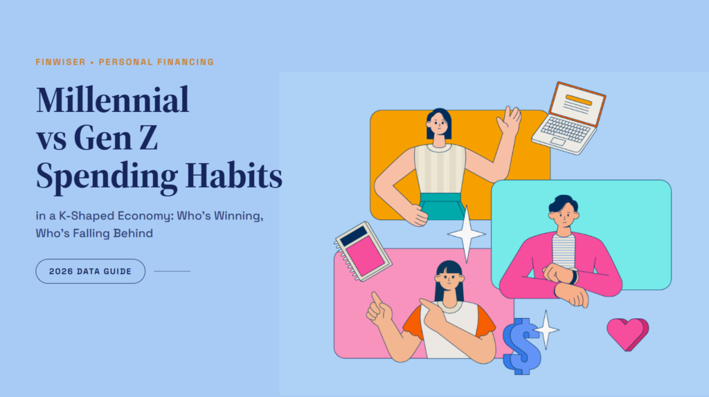 Illustration of a K-shaped economy showing rising and falling lines comparing Millennial and Gen Z spending habits in 2026