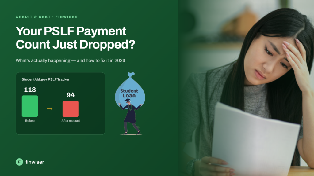 Stressed borrower reviewing student loan paperwork next to a PSLF payment count tracker showing a drop from 118 to 94 qualifying payments