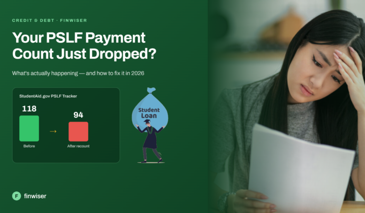 Stressed borrower reviewing student loan paperwork next to a PSLF payment count tracker showing a drop from 118 to 94 qualifying payments