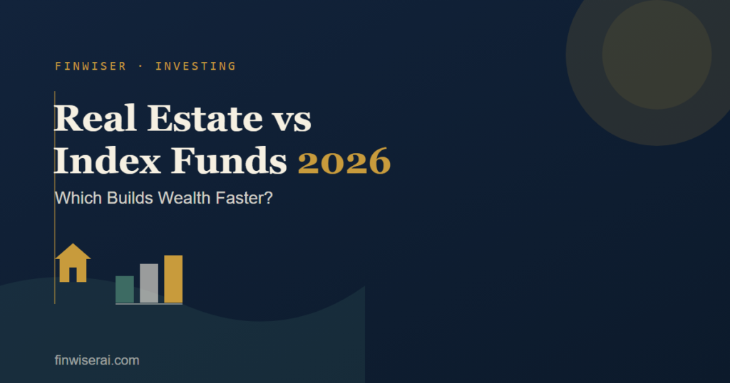 Featured graphic for FinWiser's 2026 guide comparing real estate vs index funds on returns, leverage, and cost