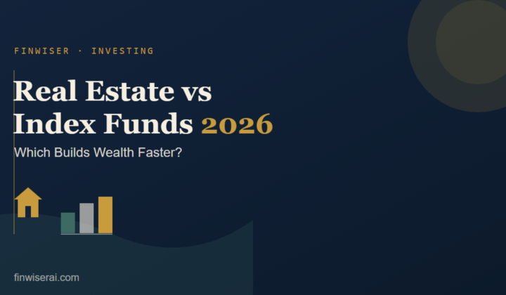 Featured graphic for FinWiser's 2026 guide comparing real estate vs index funds on returns, leverage, and cost