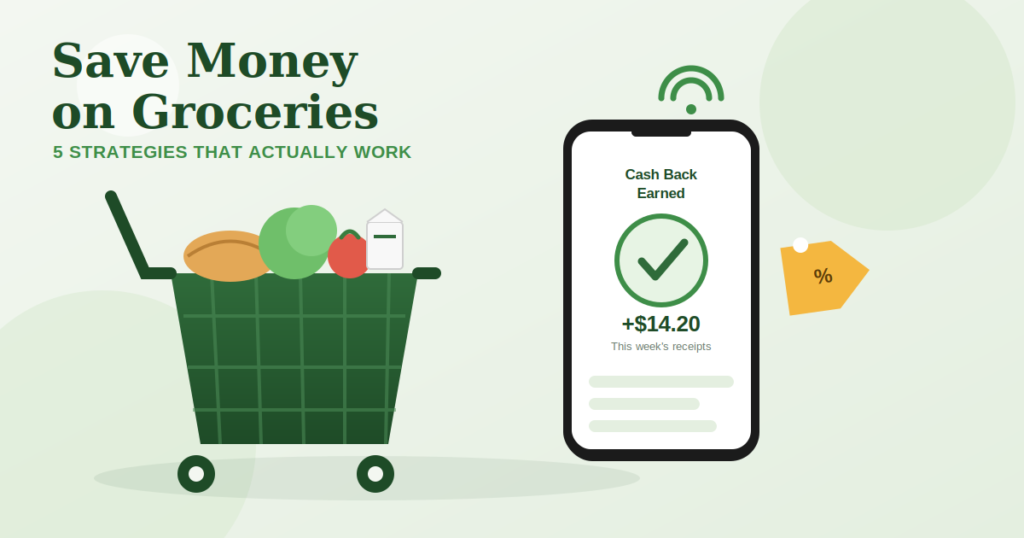 Save Money on Groceries: 5 Strategies That Actually Work — illustration of a grocery cart and a phone showing a cash-back savings notification