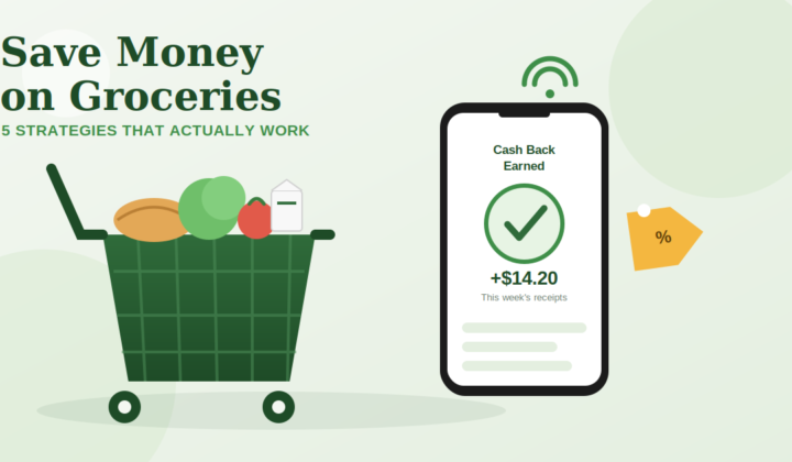 Save Money on Groceries: 5 Strategies That Actually Work — illustration of a grocery cart and a phone showing a cash-back savings notification