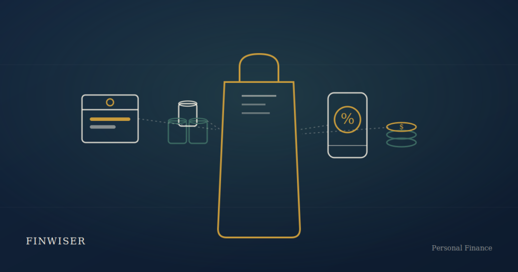 Illustration comparing store brands, bulk buying, and cash-back apps for grocery savings