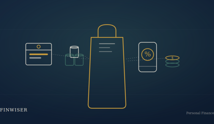 Illustration comparing store brands, bulk buying, and cash-back apps for grocery savings