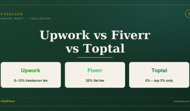 Upwork vs Fiverr vs Toptal comparison — stacked serif headline over deep forest green with fee badges for each platform