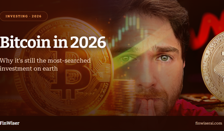 Bitcoin in 2026 — a man studying a Bitcoin coin and market chart with a focused, contemplative expression, symbolizing Bitcoin's status as the most-searched investment on earth