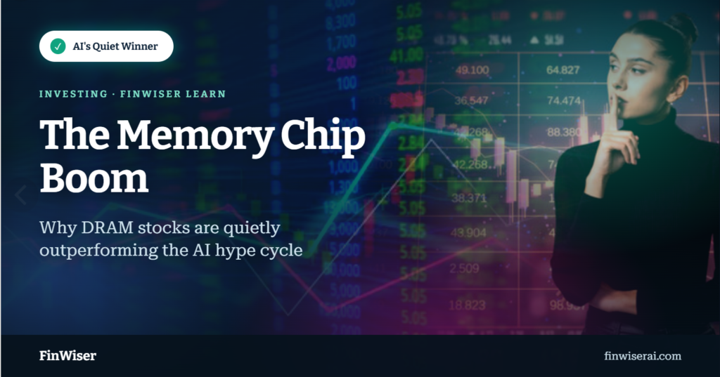 DRAM stocks featured image — a "quiet winner" gesture in front of a live stock ticker and candlestick chart overlay, illustrating the 2026 memory chip rally